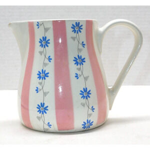 Waku German Pottery Art Deco Floral & Stripes Design Small Pitcher Creamer Jug